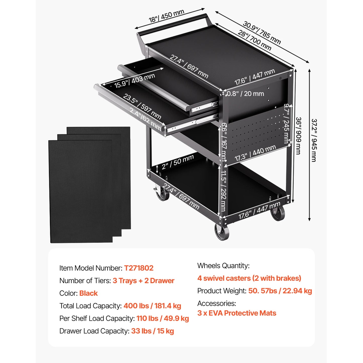 SucceBuy 5-Tier Tool Chest 2-Drawer Rolling Tool Work Cart