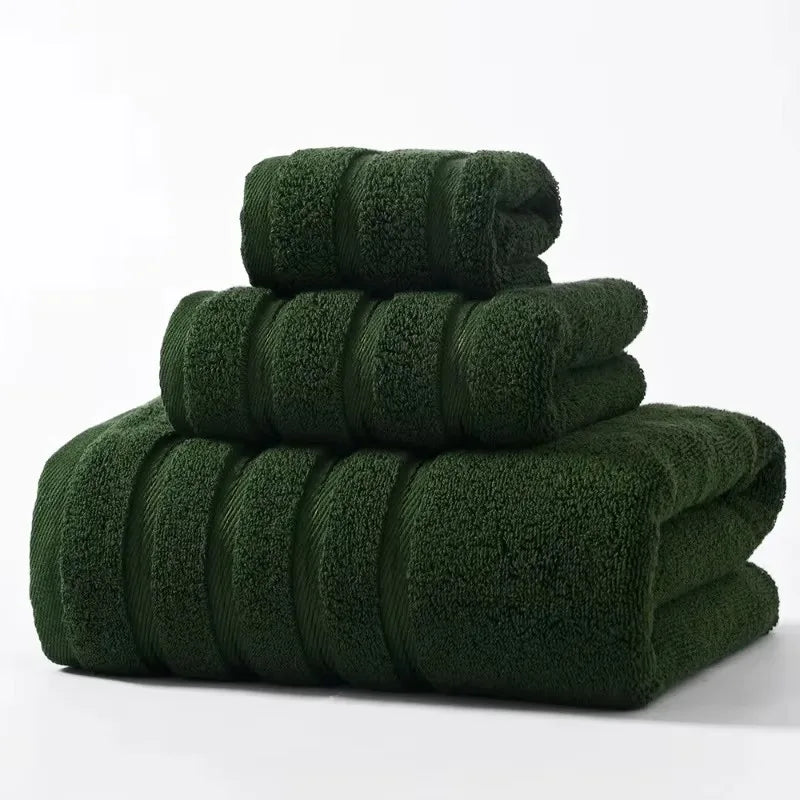 3pcs Dark Green 1 Face+2 Hand Towels,100%Cotton, Stripe Decor