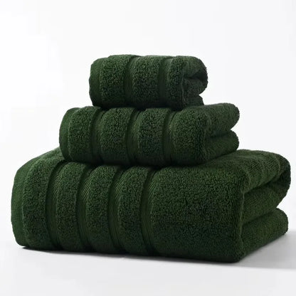 3pcs Dark Green 1 Face+2 Hand Towels,100%Cotton, Stripe Decor