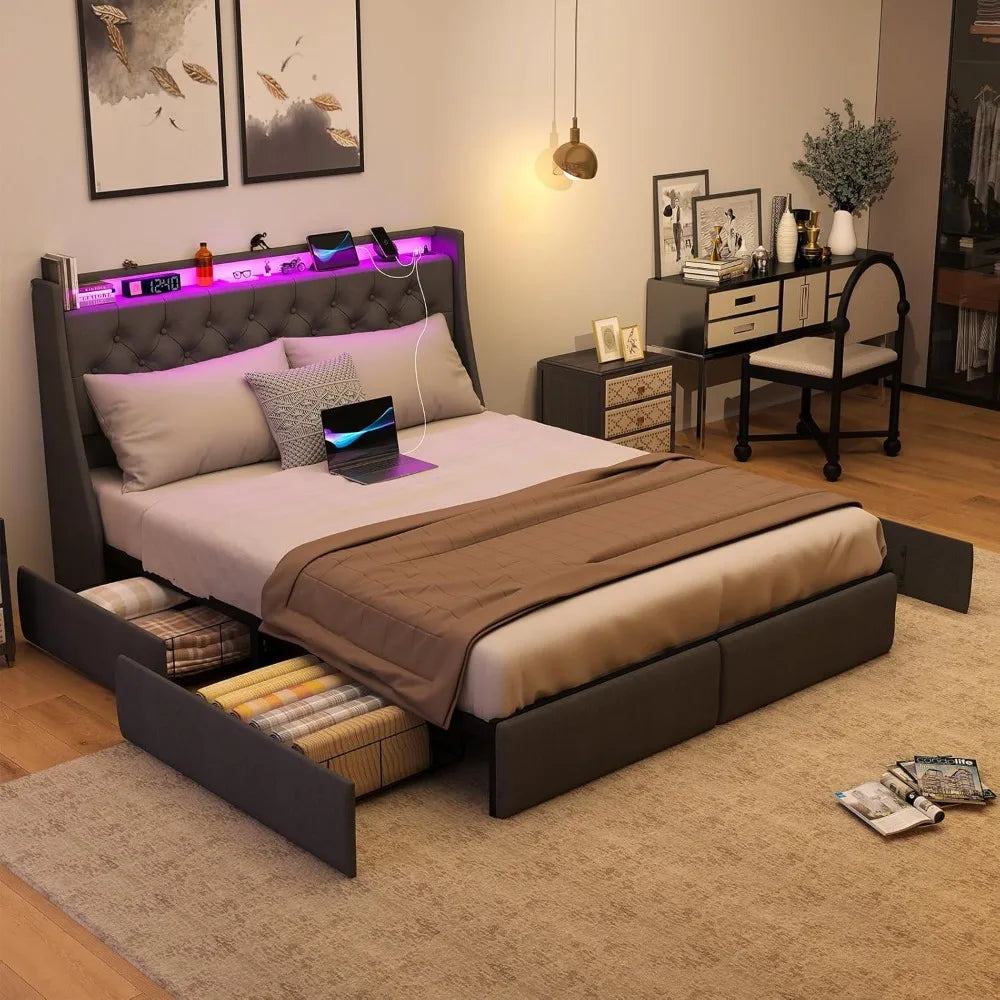 queen size metal bed frame W /storage headboard, 4 drawers, led lights & charging station