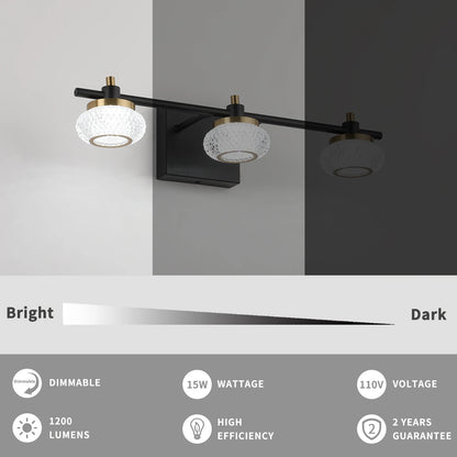 19in 3-Light Black and Gold LED Dimmable Vanity Light Bathroom Wall Light Fixture over Mirror with Clear Acrylic Shade