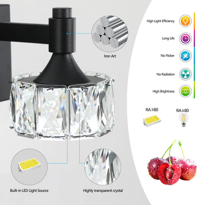 LED Vanity Light Modern 4-Light Matte Black Fixture with Crystal Glass Shades