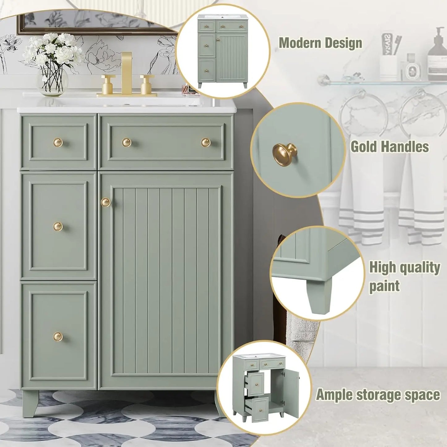 24" Bathroom Vanity Sink Cabinet 2 Drawers Soft-Close Door Storage
