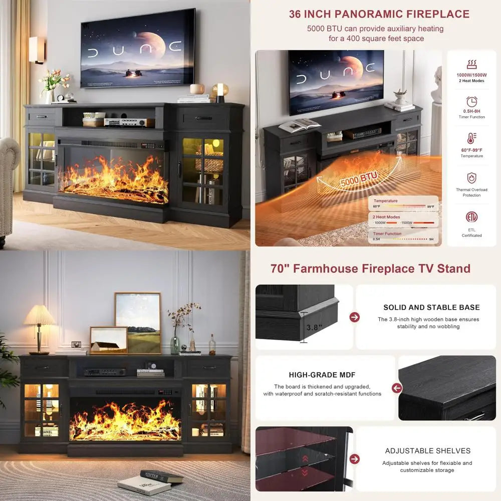 Oenomel 70 Fireplace TV Stand with 3-Sided Glass Fireplace, Modern Wood Entertainment Center with LED Lights and Glass Door, 36