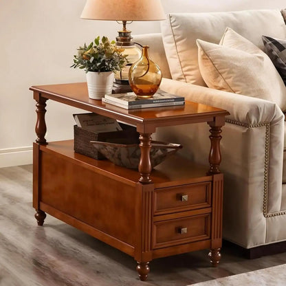 "Solid Wood End Table - 2 Drawers, Vintage Design