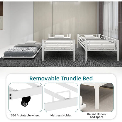 Heavy-Duty Twin Over Twin Bunk Bed with Trundle and Side Ladder, Convertible Bunkbed with Safety Rails for Secure Sleep