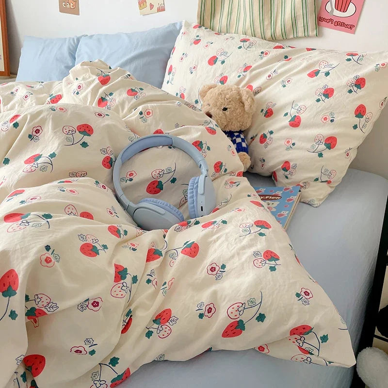 Red Strawberry Duvet Cover Set 100% Washed Cotton