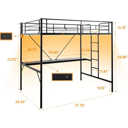 Full Size Metal Loft Bunk Bed Frame for Kids Teens Adults with Desk Underneath,2 Charging Station,LED Lights,Safety Guardrail a