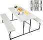 Folding Picnic Table, Plastic Picnic Table with 2 Benches, Outdoor Foldable Table and Bench with Steel Frame & Wood-Lik