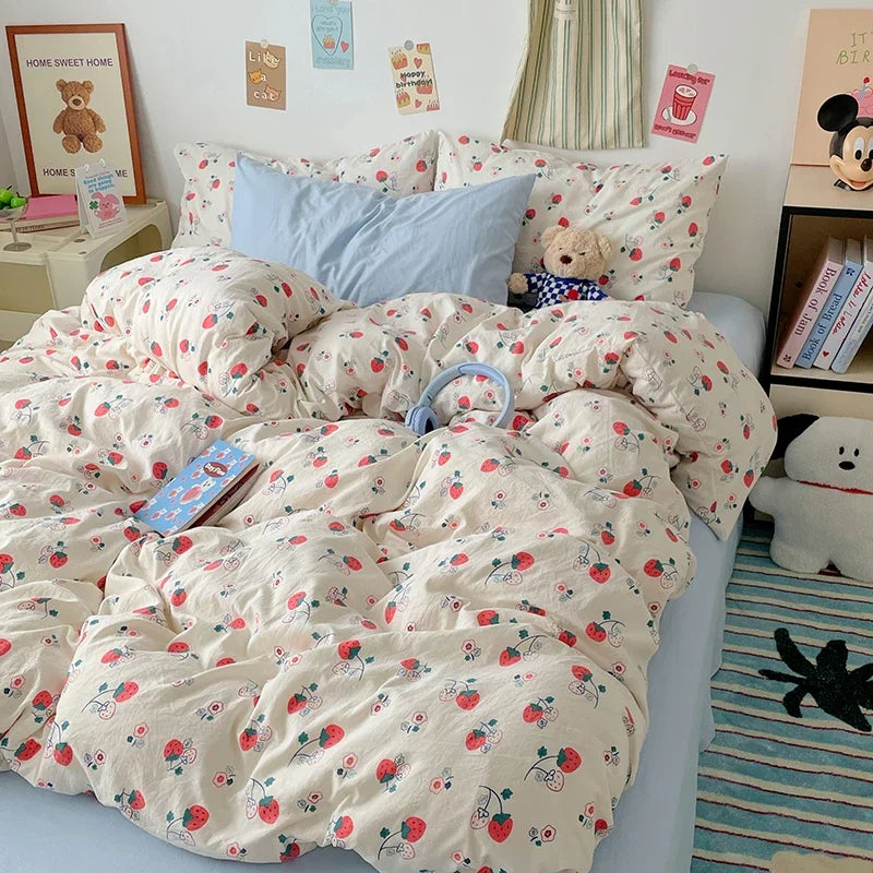 Red Strawberry Duvet Cover Set 100% Washed Cotton