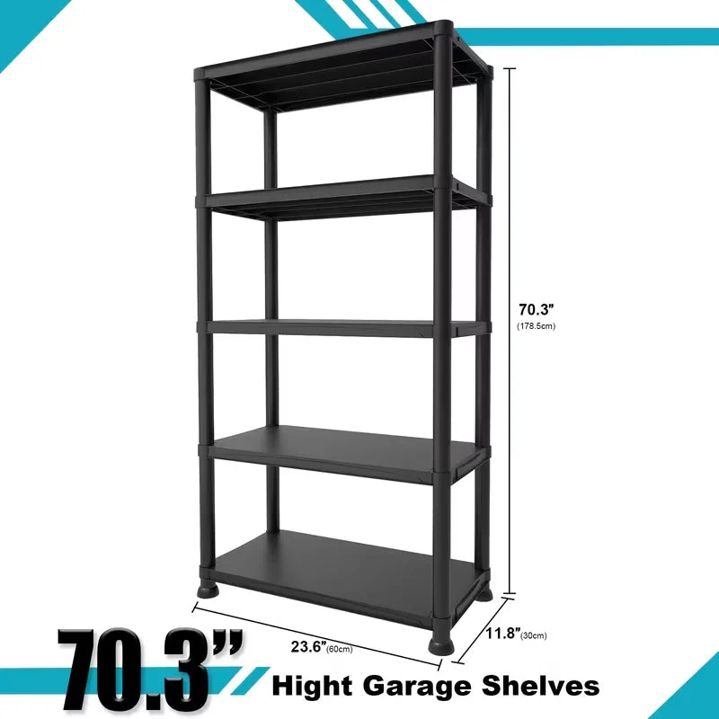 5-Layer Black Plastic Storage Rack Heavy Duty Adjustable Shelving