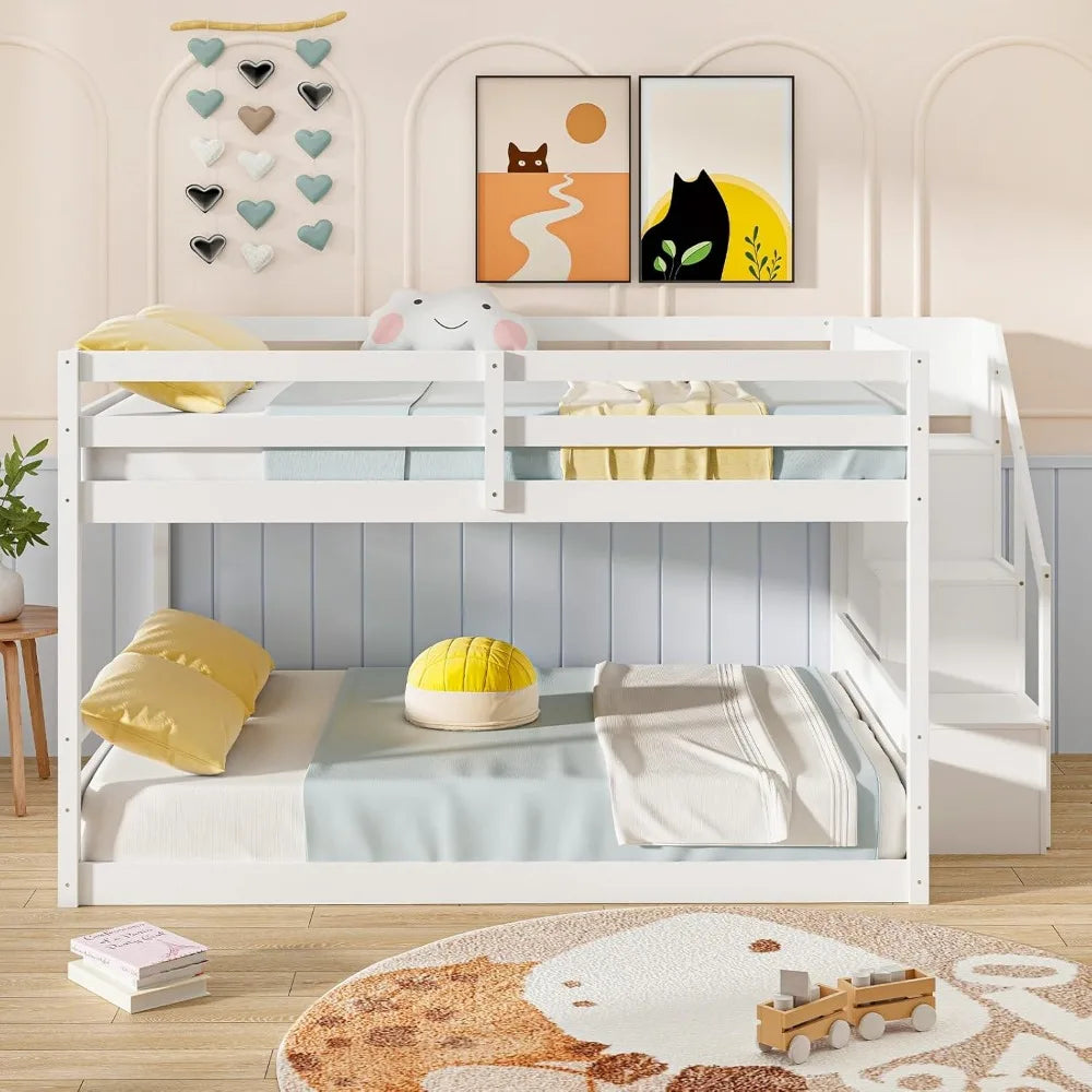 Solid wood full over full bunk bed W / staircase, storage and full-length guardrails, low loft bed