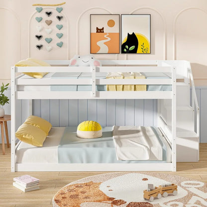 Solid wood full over full bunk bed W / staircase, storage and full-length guardrails, low loft bed