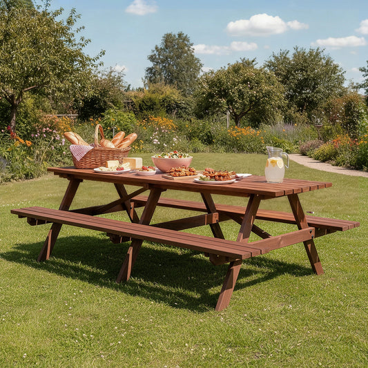 Large 12-Person Wooden Picnic Table Outdoor, Weatherproof w/ Umbrella Hole, Ideal for BBQ & Gatherings