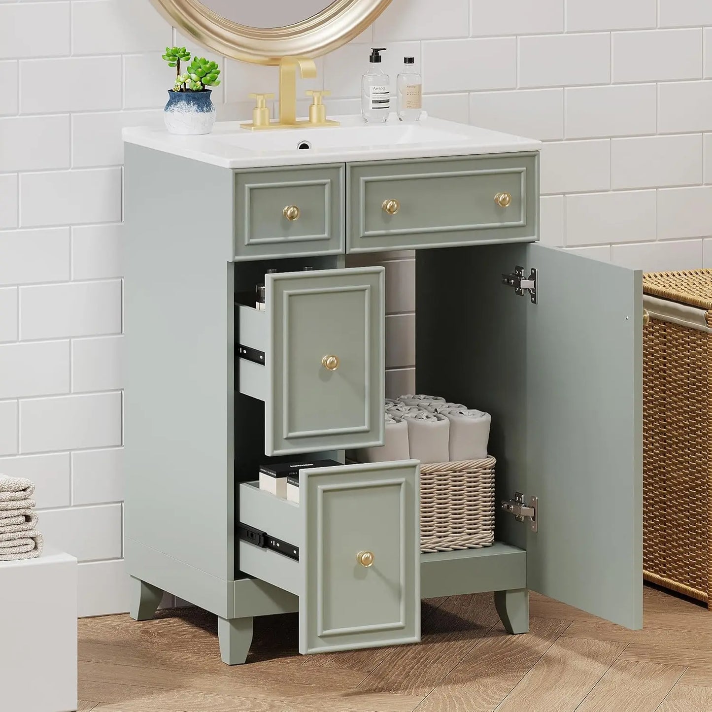 24" Free Standing Bathroom Vanity Set with Sink, 2 Drawers & Door