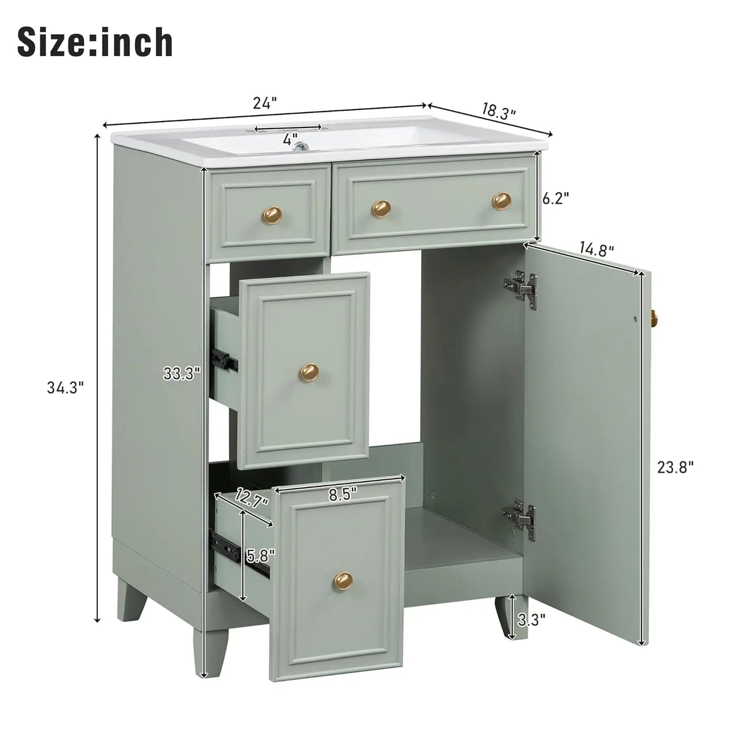 24" Bathroom Vanity Sink Cabinet 2 Drawers Soft-Close Door Storage