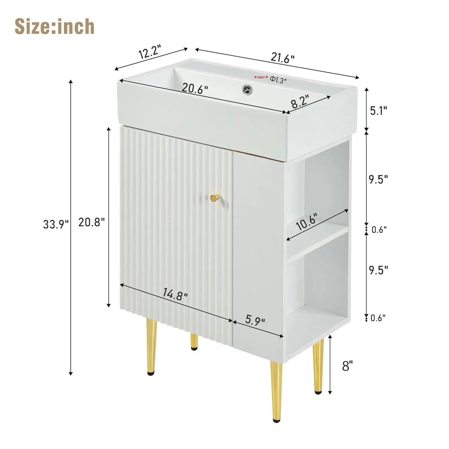 21.6" Bathroom Vanity with Single Sink, Standing Cabinet W /  Side Storage