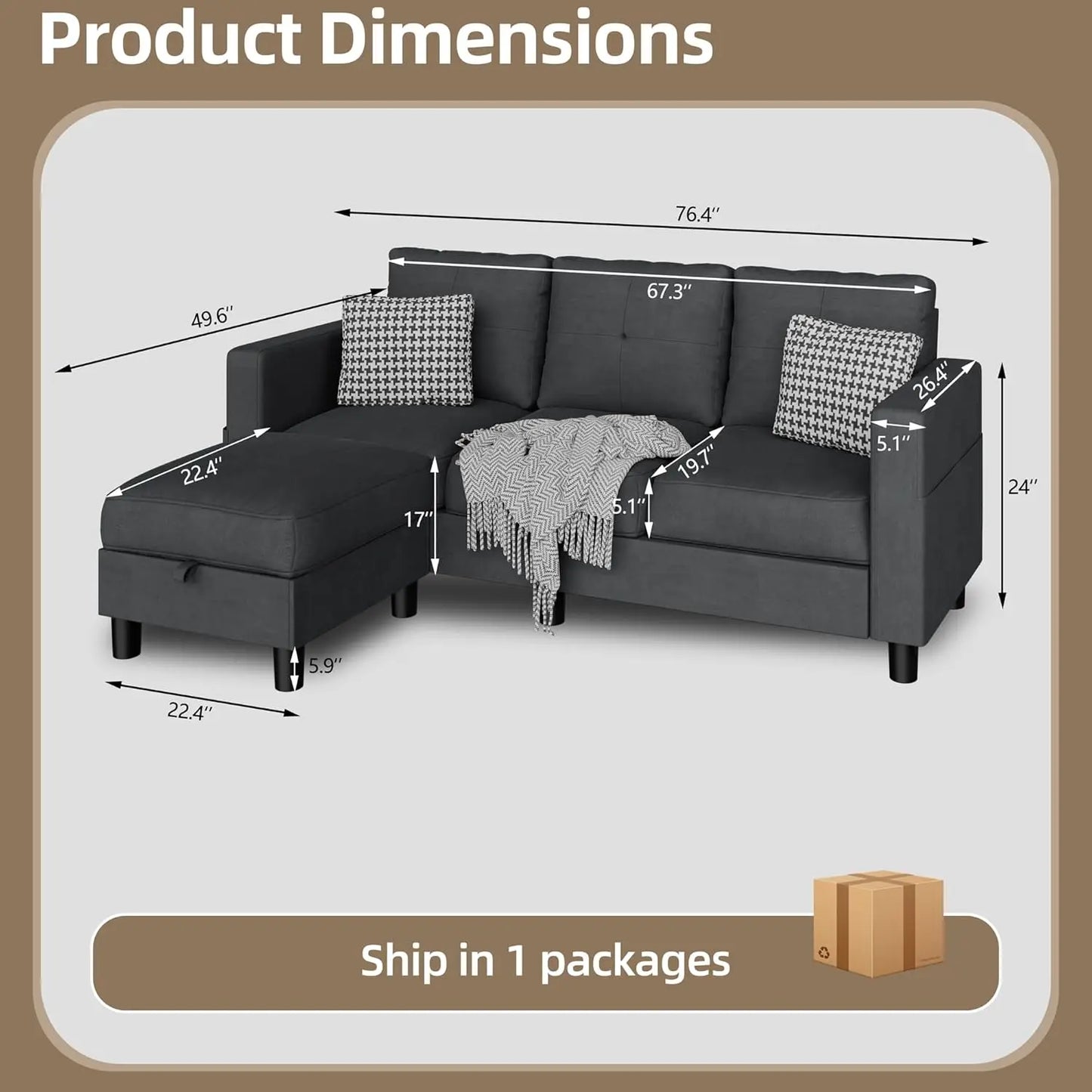 L-Shaped Couch 3 Seat Sofa Set W/ Linen Fabric & Ottoman Small Couch