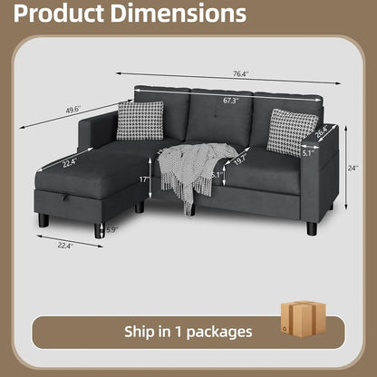 L-Shaped Couch 3 Seat Sofa Set W/ Linen Fabric & Ottoman Small Couch