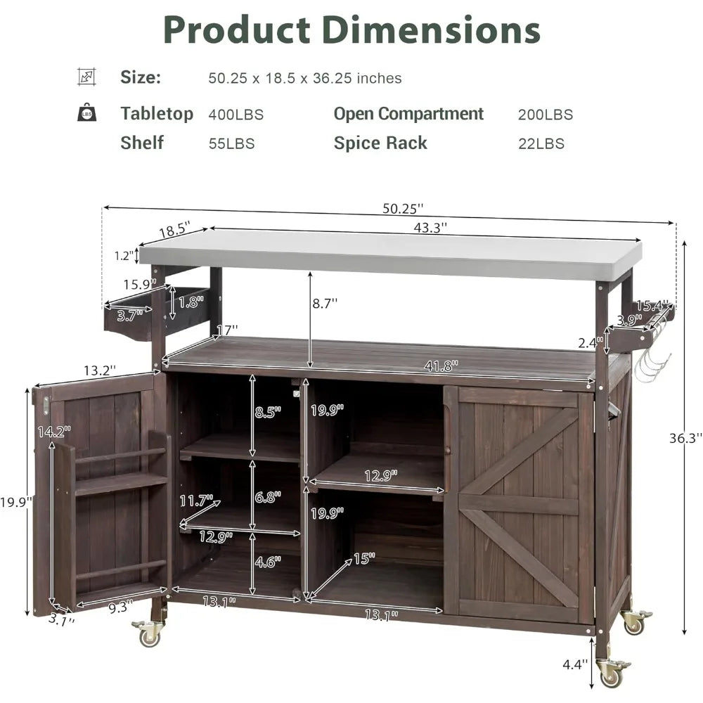 Outdoor Kitchen Island, Rolling Bar Cart & Storage Cabinet, Farmhouse Solid Wood Outdoor Grill Table with Stainless Steel Top,