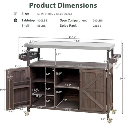 Outdoor Kitchen Island, Rolling Bar Cart & Storage Cabinet, Farmhouse Solid Wood Outdoor Grill Table with Stainless Steel Top,