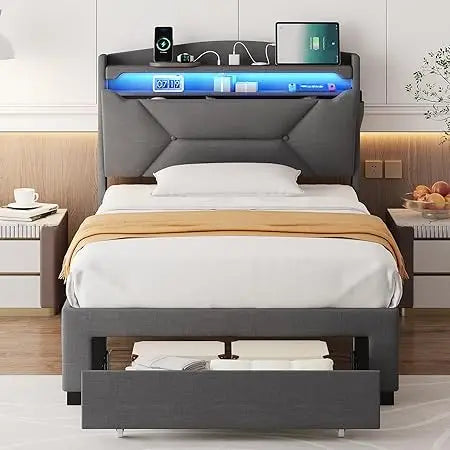 "Twin size bed frame W / storage &upholstered headboard, including drawers, charging station & led lighting"