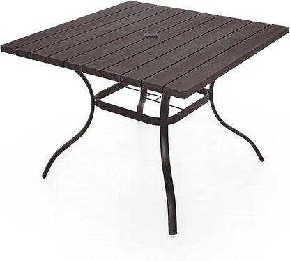 Outdoor Dining Table with 1.6 Umbrella Hole, Picnic Table Brown Plastic