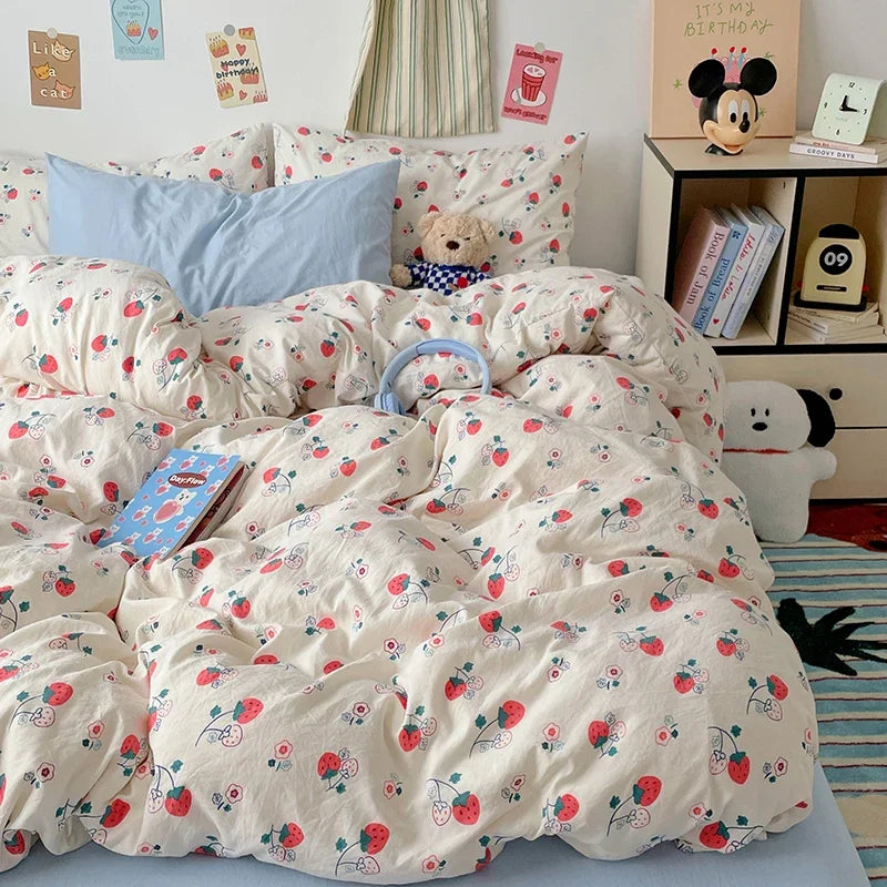 Red Strawberry Duvet Cover Set 100% Washed Cotton