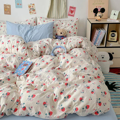 Red Strawberry Duvet Cover Set 100% Washed Cotton