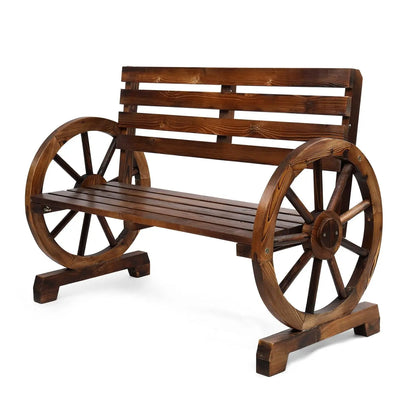 41" Rustic Wooden Outdoor Bench 2-Person Wagon Wheel Slatted Seat
