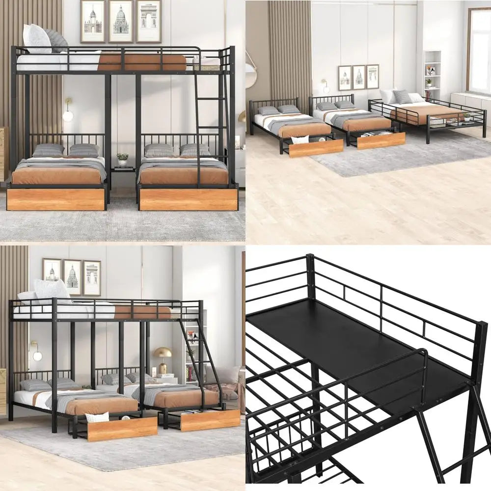 triple bunk bed with drawers, guardrails, full over twin & twin for three, space-saving design