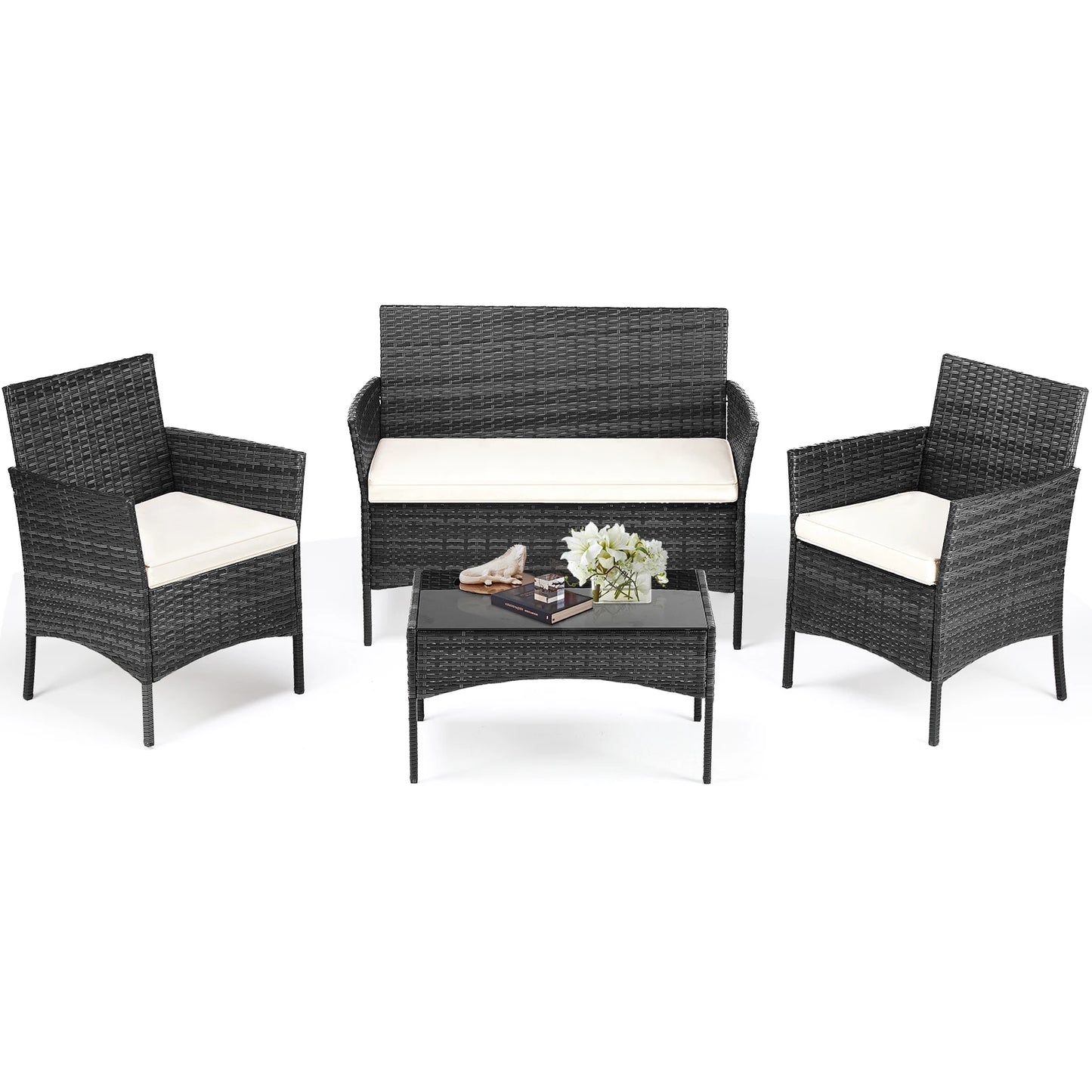 JHK 4 Piece Outdoor Patio Furniture Set with Soft Cushion and Glass Table