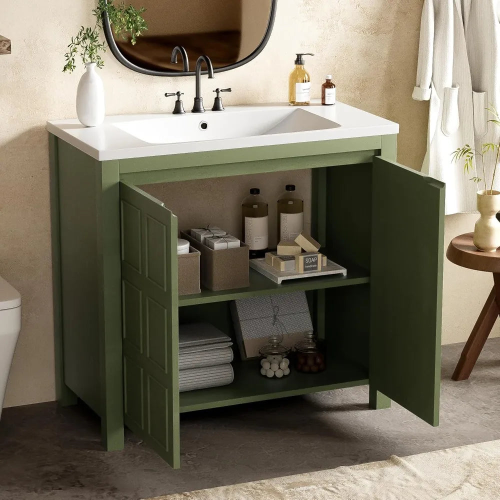 36" Freestanding Bathroom Vanity with Ceramic Sink, Wood Cabinet