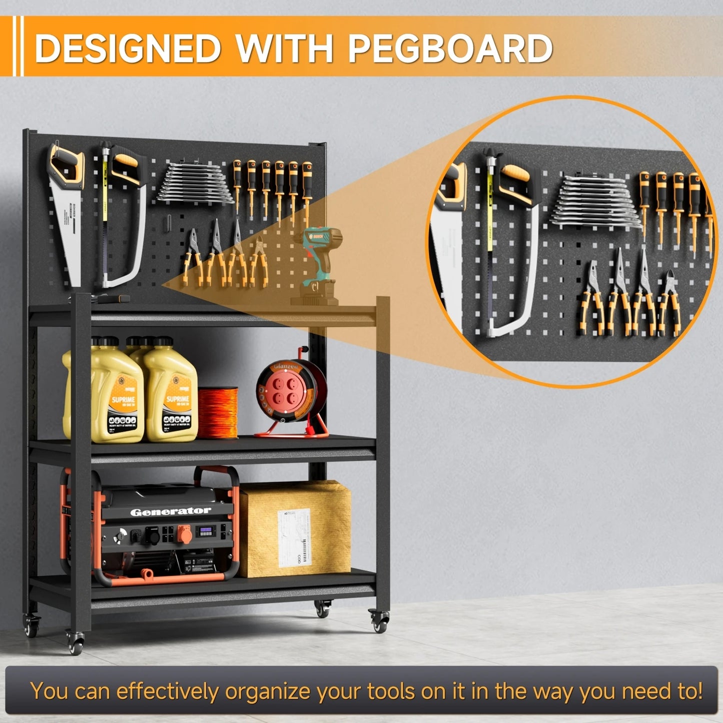 Tool Storage Workbench Rolling Shelving W/ Pegboard