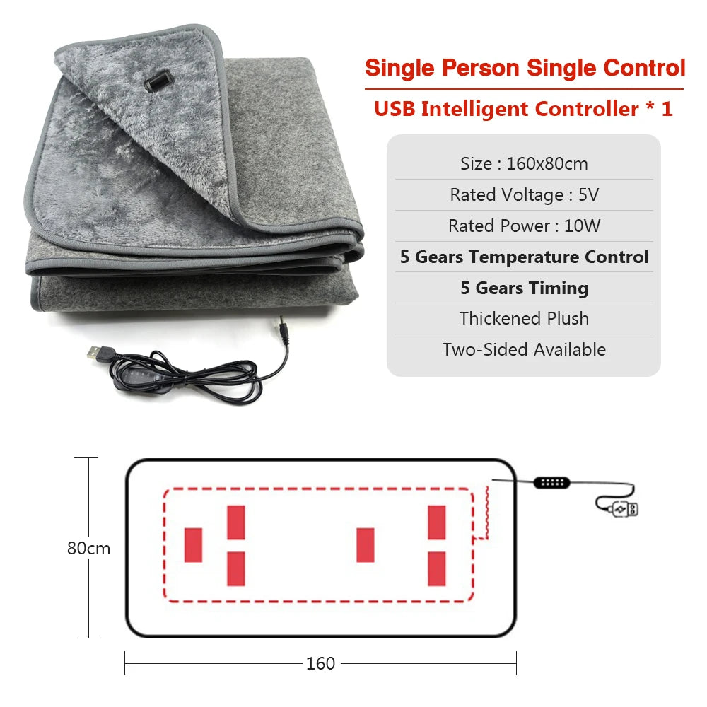 USB Electric Heating Blanket Overheat Protection Plush Winter Warm-up Adjustable Temperature