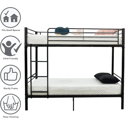 twin over twin heavy duty bunk bed W / flat ladder and 13" high guardrail for kids, teens, and adults