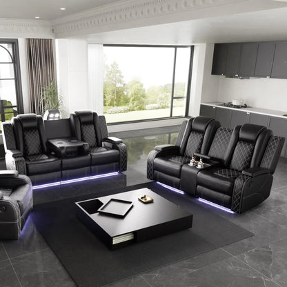 Power Recliner Sofa Set with LED Light, Black Leather Reclining Sofa and Loveseat Set 3-Seater Sofa