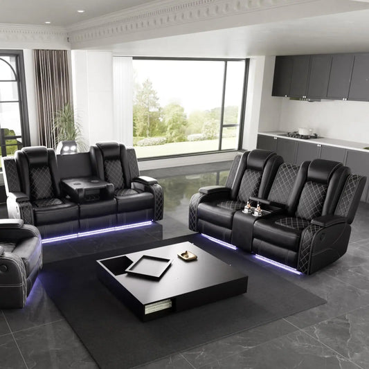 Power Recliner Sofa Set with LED Light, Black Leather Reclining Sofa and Loveseat Set 3-Seater Sofa
