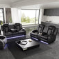 Power Recliner Sofa Set with LED Light, Black Leather Reclining Sofa and Loveseat Set 3-Seater Sofa