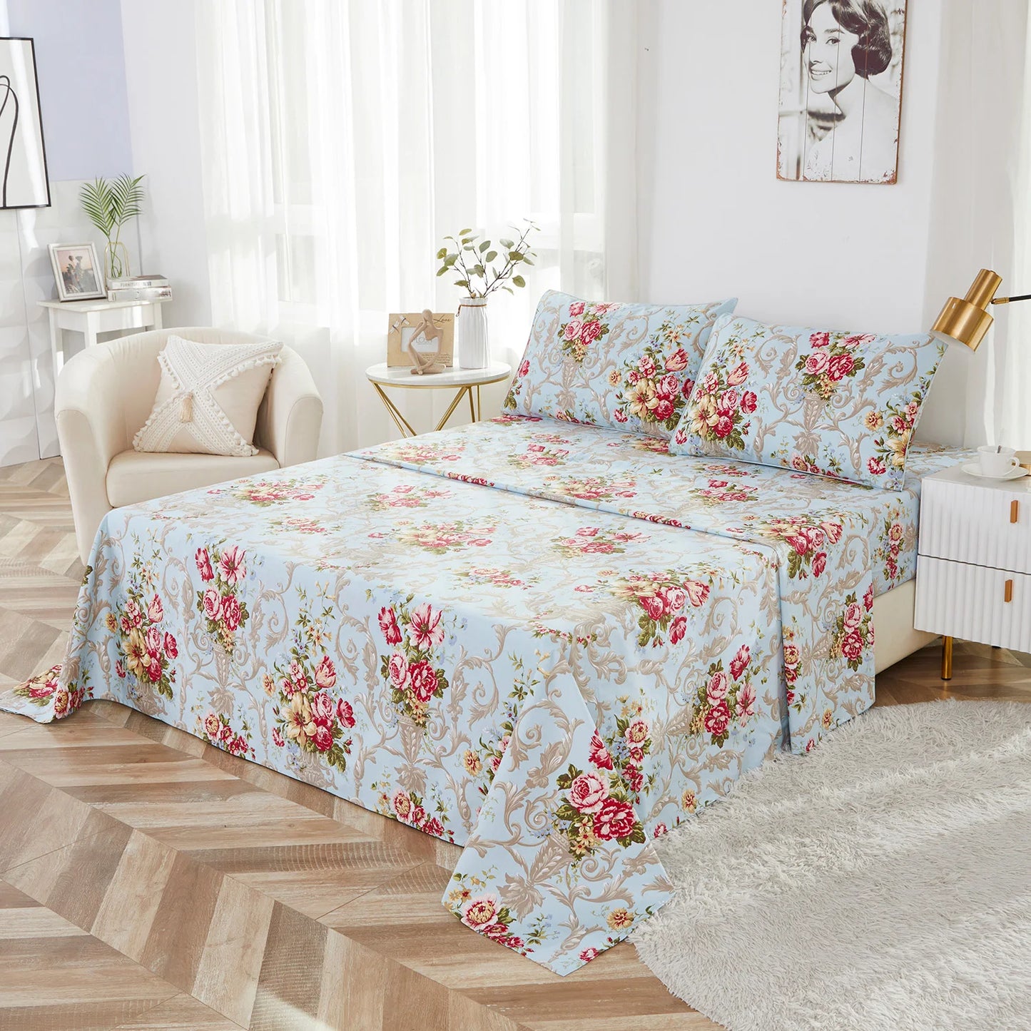 4pcs 600 TC 100% Cotton Fitted Sheet Set Soft Breathable and Skin-friendly