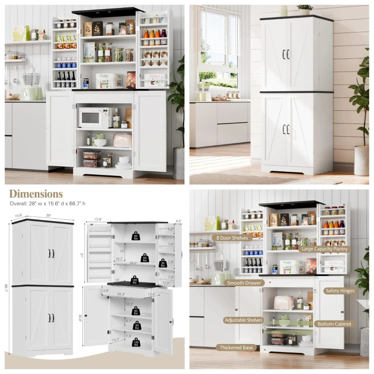 Sturdy Kitchen Pantry Storage Cabinets w/ Adjustable Shelves