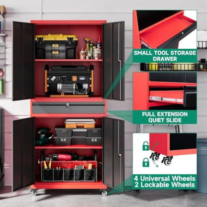 Red Metal Garage Storage Cabinet with Wheels