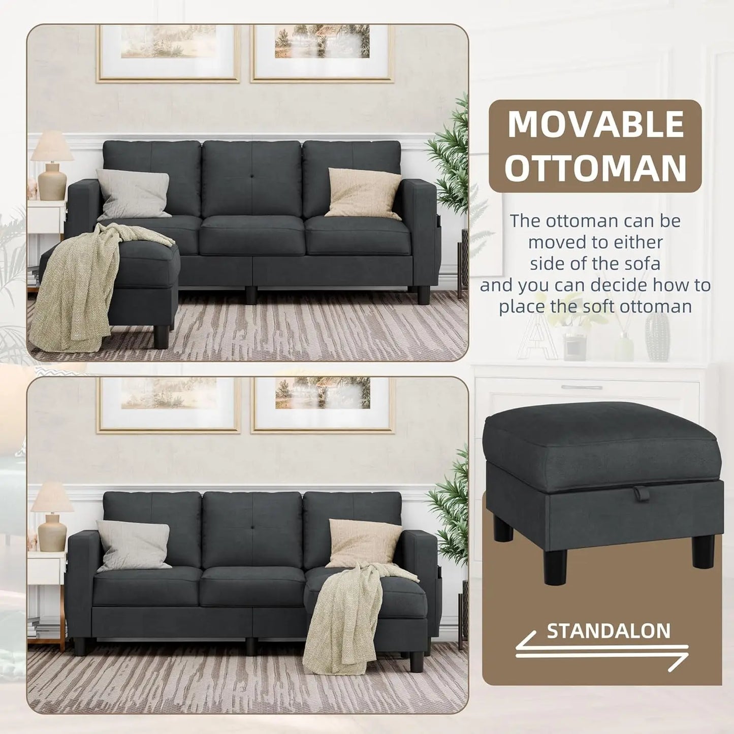L-Shaped Couch 3 Seat Sofa Set W/ Linen Fabric & Ottoman Small Couch