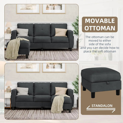 L-Shaped Couch 3 Seat Sofa Set W/ Linen Fabric & Ottoman Small Couch