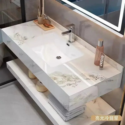 Bathroom Cabinet Vanity Double-layered Slab Rock W/ Ceramic Washbasin