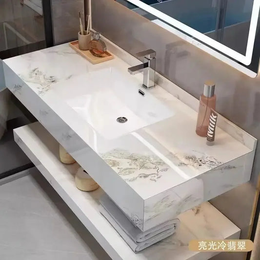 Bathroom Cabinet Vanity Double-layered Slab Rock W/ Ceramic Washbasin